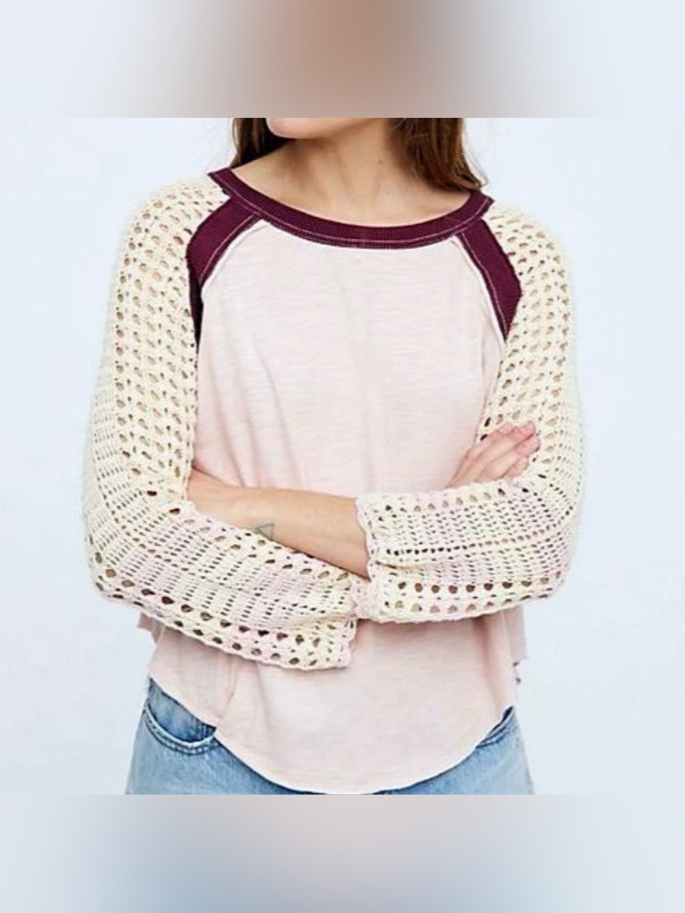 Free People Finders Keepers Rose Pink Cream Crochet Raglan Sleeve Boho Top S
